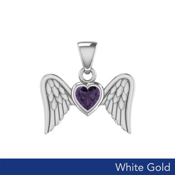 Gemstone Heart and Flying Angel Wings White Gold Pendant WPD5228 - Jewelry